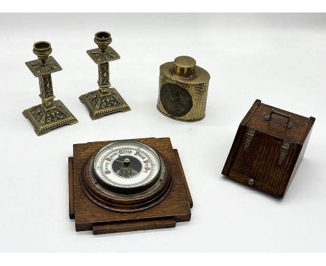 A pair of brass candlesticks, wooden box in the form of a coal scuttle, brass hipflask with image of Queen Victoria and a bar