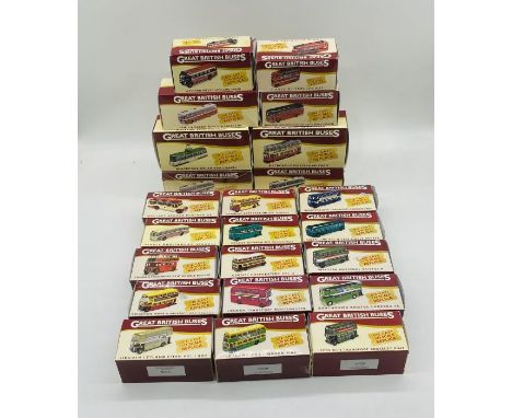 A collection of twenty three boxed Atlas Editions Great British Buses (all 1:76 scale) including Blackppol Brush Railcoach, M