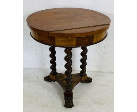 A Victorian circular occasional table with barley twist supports on tripod claw feet, checker board design to base - diameter