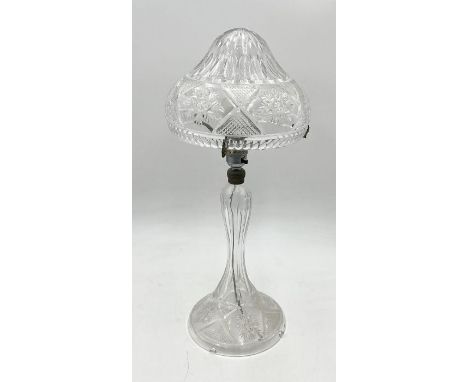 A cut glass table lamp with glass shade, height 47cm.