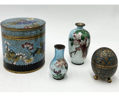 Two Ginbari cloisonné vases along with an Eastern gilt and enamel egg etc.