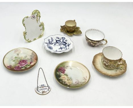 A collection of china including Meissen blue onion pattern shaped dish, Royal Crown Derby menu stand, Limoges, Royal Worceste