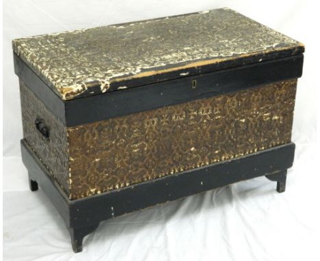 VICTORIAN PINE TRUNK
covered in embossed paper with side carrying handles, the lift up lid revealing a drawer and box, and a 
