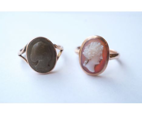 VICTORIAN HARDSTONE CAMEO DRESS RING
with Classical female profile, set in nine carat gold, and a similar lava cameo dress ri