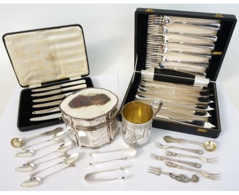 COLLECTION OF SILVER PLATED WARES
including an Edwardian tea caddy with hinged cover and shaped body, 10cm high, period chris