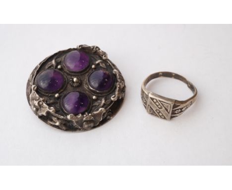 VINTAGE CHINESE SILVER STONE SET CIRCULAR BROOCH
with raised decoration of bats and birds, engraved and with character marks 