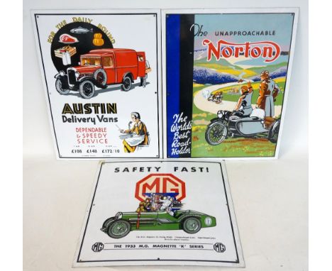 THREE REPRODUCTION ENAMEL SIGNS
'Norton', 'MG' and 'Austin Delivery Van', sizes vary