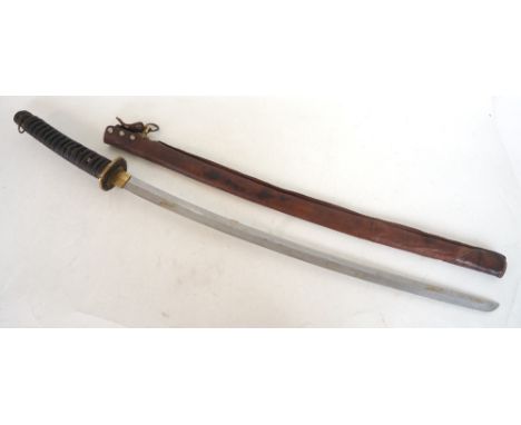 JAPANESE STYLE KATANA
with decorative brass mounts, bound grip, 67cm long steel blade and painted scabbard with leather cover