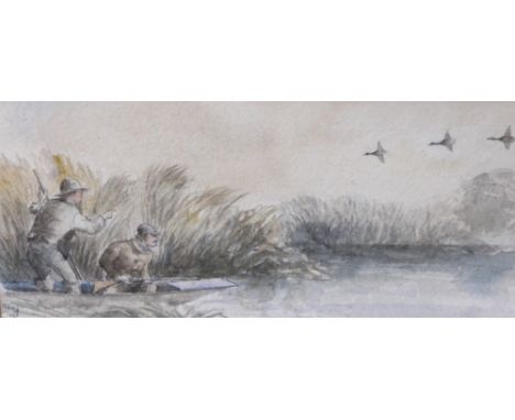 BRITISH SCHOOL (19th century)
Duck hunting, watercolour, initialled and dated 1887, 20cm x 10cm 