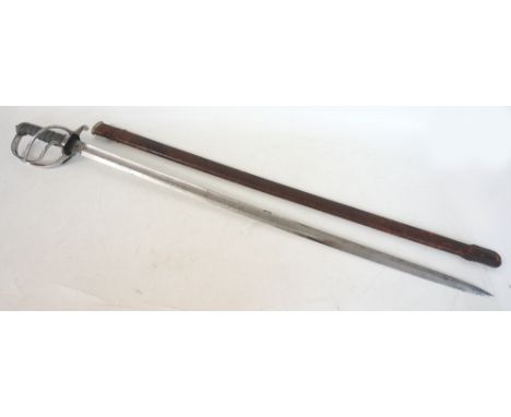 EDWARD VII ROYAL ARTILLERY OFFICER'S SWORD
with three bar guard, wire bound grip, the decorative straight 88.5cm long blade w