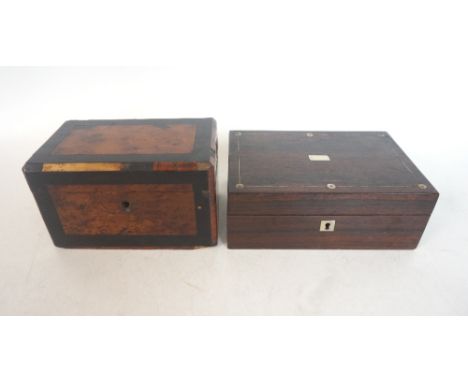 LATE VICTORIAN ROSEWOOD SEWING BOX
with mother of pearl inlay to the lid, with a fitted lift out interior; together with a ye