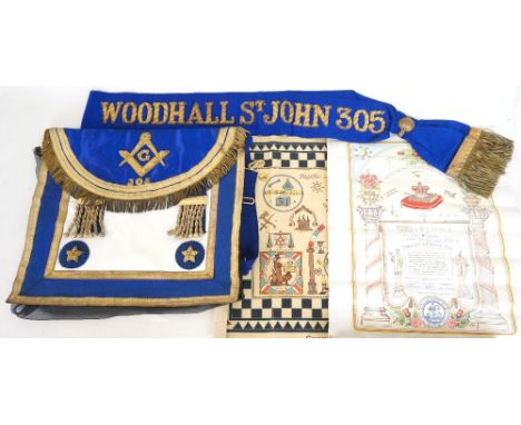 VINTAGE BULLION EMBROIDERED MASONIC APRON
with bullion embroidered sash 'Woodhall St John 305', by 'Vernal Bros. 28 Bridgeton