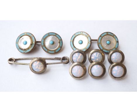 VINTAGE OPAL SET STUD SET
comprising a tie pin and six studs, in fitted box; and a pair of mother of pearl and turquoise cuff