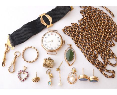 COLLECTION OF SMALL GOLD ITEMS
including a 1930's lady's nine carat gold cased wristwatch, hardstone and pearl set pendants, 