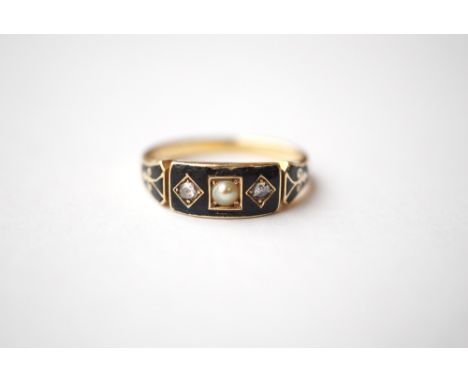 VICTORIAN DIAMOND AND PEARL SET MOURNING RING
with enamelled detail, set in eighteen carat gold, ring size L