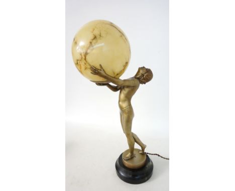 ART DECO FEMALE FIGURAL TABLE LAMP
the gilt nude figure holding a marble effect spherical glass shade, raised on circular mar