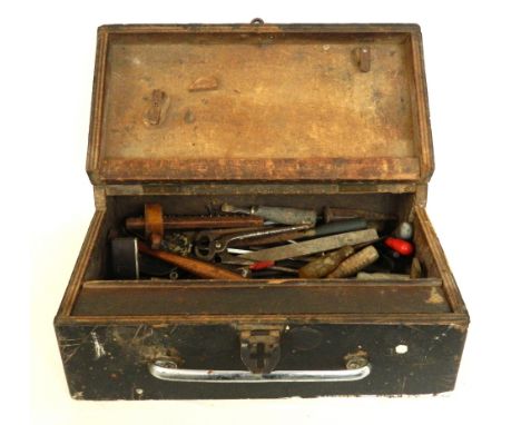 VINTAGE PINE TOOL BOX
with fold-down front, interior sliding drawer and chrome carrying handle, containing a large variety of