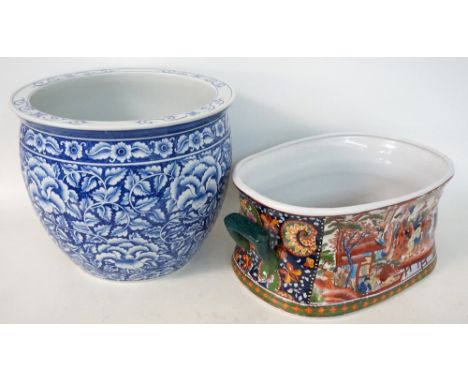 LARGE CHINESE BLUE AND WHITE PORCELAIN PLANTER
with handpainted foliate decoration, 31cm high, and a twin-handled planter wit