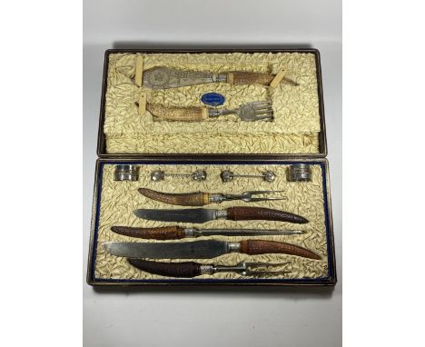 A VINTAGE LLOYD PAYNE &amp; AMIEL, MANCHESTER CARVING SET WITH SHEFFIELD HALLMARKED SILVER FERRULES 