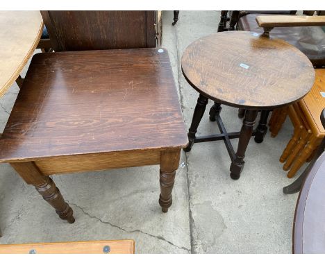 A 23" DIAMETER PUB TABLE AND PINE LAMP TABLE ON TURNED LEGS, 24" SQUARE 