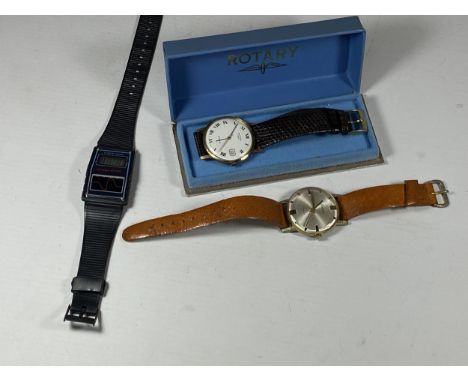 A GROUP OF THREE WATCHES - VINTAGE BOXED ROTARY, ETIENNE DATE WATCH AND RETRO SOLAR WATCH 