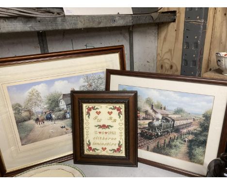 TWO FRAMED PRINTS TO INCLUDE A GREAT WESTERN STEAM ENGINE AND 'TILLINGTON FARM' PLUS A TAPESTRY 'CLITHEROE11/8/ 1951' 