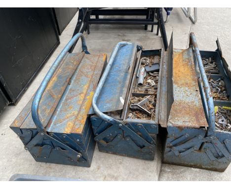 THREE METAL TOOL BOXES CONTAING VARIOUS HARDWARE 