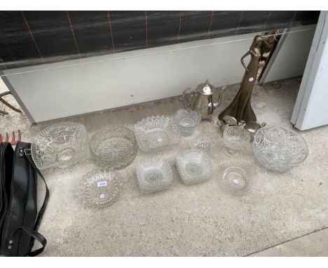 AN ASSORTMENT OF ITEMS TO INCLUDE A SILVER PLATE COFFEE SERVICE AND GLASS WARE ETC 