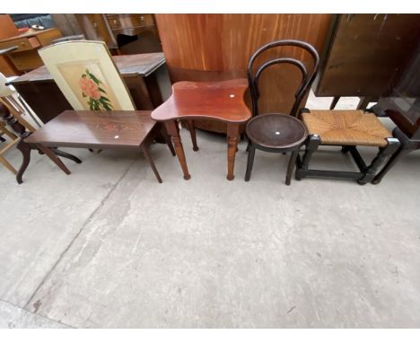 A BENTWOOD CHILDS CHAIR RUSH SEATED STOOL, LAMP TABLE, FIRESCREEN AND COFFEE TABLE 