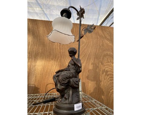 A METAL TABLE LAMP IN THE FORM OF A LADY READING A BOOK WITH A WHITE GLASS SHADE 