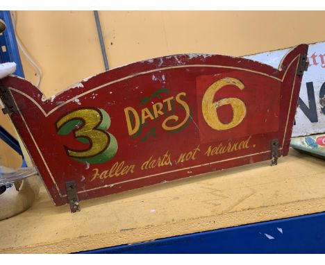 A VINTAGE DOUBLE SIDED WOODEN FAIRGROUND SIDE 55CM X 24CM 