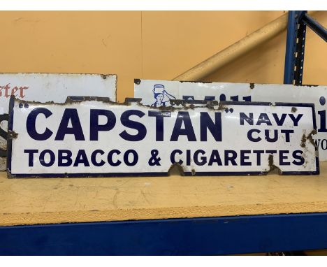 A VINTAGE 'CAPSTAN CIGARETTE' BLUE AND WHITE RECTANGULAR SIGN 86.5CM X 23CM 