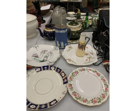 A ROYAL DOULTON AND JACKMAN STYLE VINTAGE TEAPOT, WEDGWOOD JASPERWARE JUG WITH PEWTER LID, PLUS FOUR CHINA PLATES 