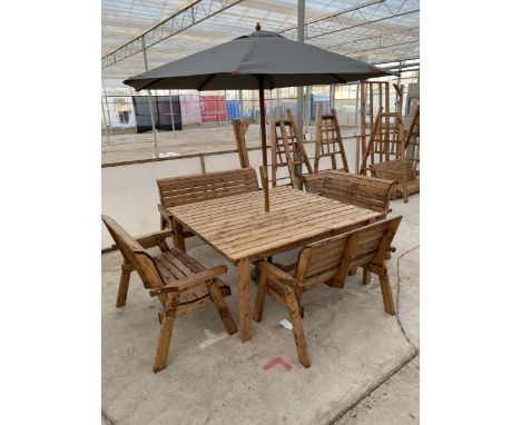 AN AS NEW EX DISPLAY CHARLES TAYLOR LARGE PATIO SET COMPRISING OF SQUARE TABLE, THREE SEATER BENCH AND THREE TWO SEATER BENCH