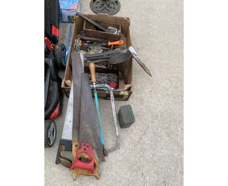 AN ASSORTMENT OF TOOLS TO INCLUDE FILES, A HAMMER AND NAILS ETC 
