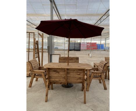 AN AS NEW EX DISPLAY CHARLES TAYLOR PATIO SET COMPRISING OF A TABLE, TWO TWO SEATER BENCHES, TWO CHAIRS AND A PARASOL WITH ST