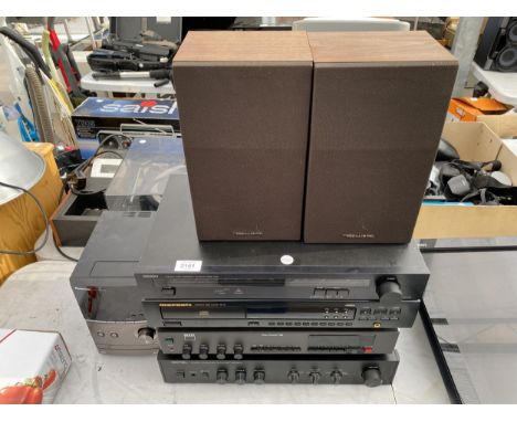 AN ASSORTMENT OF STEREO EQUIPMENT TO INCLUDE A DENON STEREO TUNER, A MARANTX CD PLAYER AND TWO REALISTIC SPEAKERS ETC 