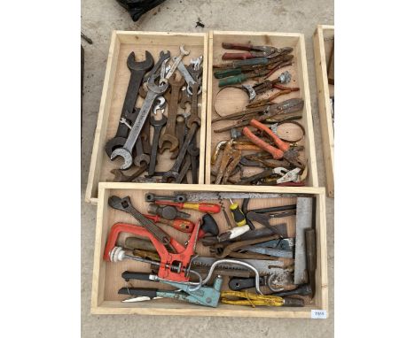 A LARGE QUANTITY OF TOOLS TO INCLUDE SPANNERS, PLIERS AND A POT RIVOTER ETC 