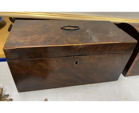 A GEORGIAN MAHOGANY RECTANGULAR TEA CADDY WITH THREE INNER COMPARTMENTS 