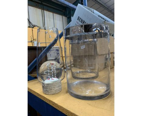 THREE LARGE GLASS VASES PLUS A GLASS SNOW GLOBE 