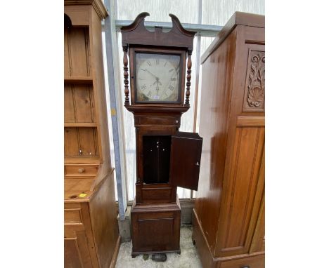 A 19TH CENTURY OAK AND CROSSBANDED THIRTY HOUR LONGCASE CLOCK WITH PAINTED ENAMEL DIAL 