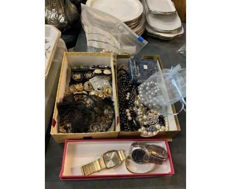 A QUANTITY OF COSTUME JEWELLERY TO INCLUDE CLIP ON EARRINGS, BROOCHES, BEADS, ETC PLUS FOSSIL, CASIO AND SEKONDA WRISTWATCHES