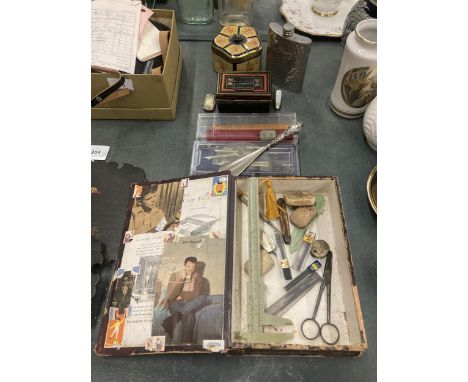 A MIXED LOT TO INCLUDE VINTAGE TINS. A HIP FLASK, A MATHS SET, PENKNIVES, ETC 