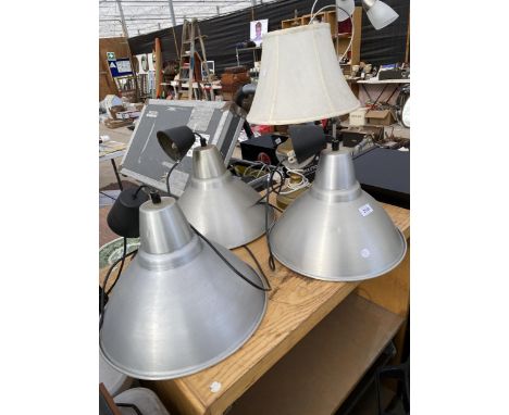 THREE INDUSTRIAL STYLE LIGHT FITTINGS AND A TABLE LAMP 