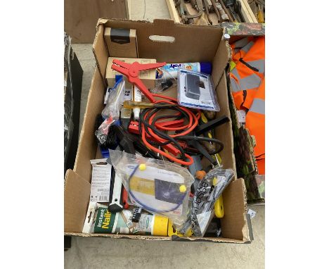 AN ASSORTMENT OF TOOLS TO INCLUDE JUMP LEADS AND A BRUSH ETC 