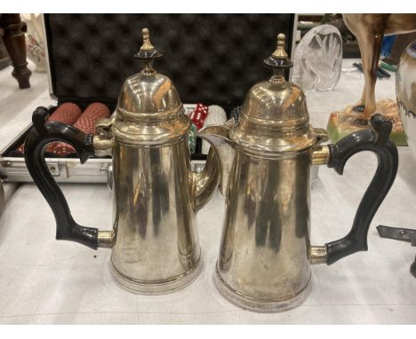 TWO VINTAGE SILVER PLATED HOT CHOCOLATE JUGS HEIGHT 21.5CM 