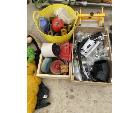 AN ASSORTMENT OF TOOLS AND HARDWARE TO INCLUDE TAPS AND CLIPS ETC 