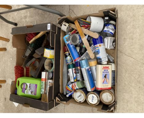 AN ASSORTMENT OF TOOLS TO INCLUDE A WOOD PLANE, BRUSHES AND SPRAY PAINT ETC 