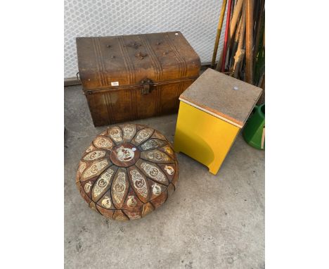 A VINTAGE METAL TRAVEL TRUNK TO INCLUDE TOOLS AND A TRIBAL STYLE CUSHION 