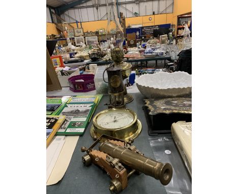 A QUANTITY OF BRASS ITEMS TO INCLUDE A MINERS LAMP, AN OIL LAMP, BAROMETER AND CANON 